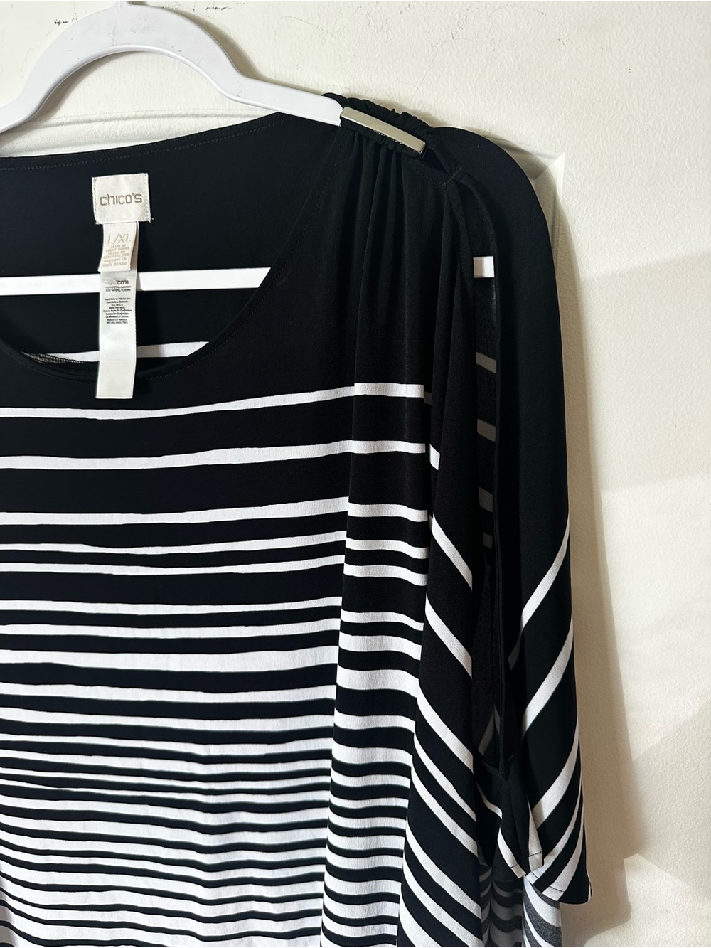 Chico's Black & White Striped Cold Shoulder Poncho Top - Picture 4 of 5